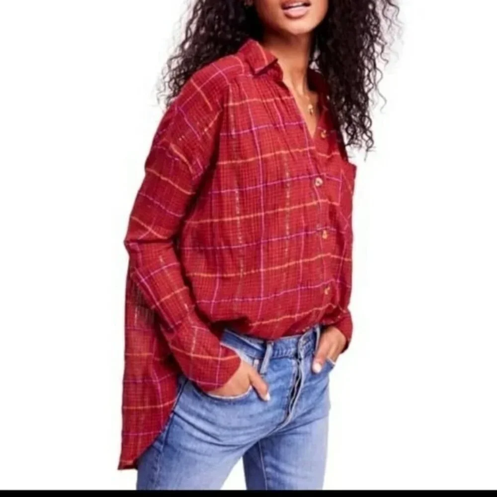 Free People Break My Stripe Red Oversized Plaid Button Down Top
